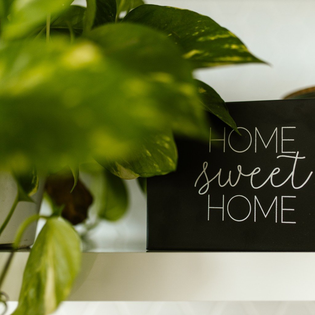 Home Sweet Home sign on a shelf beside a houseplant